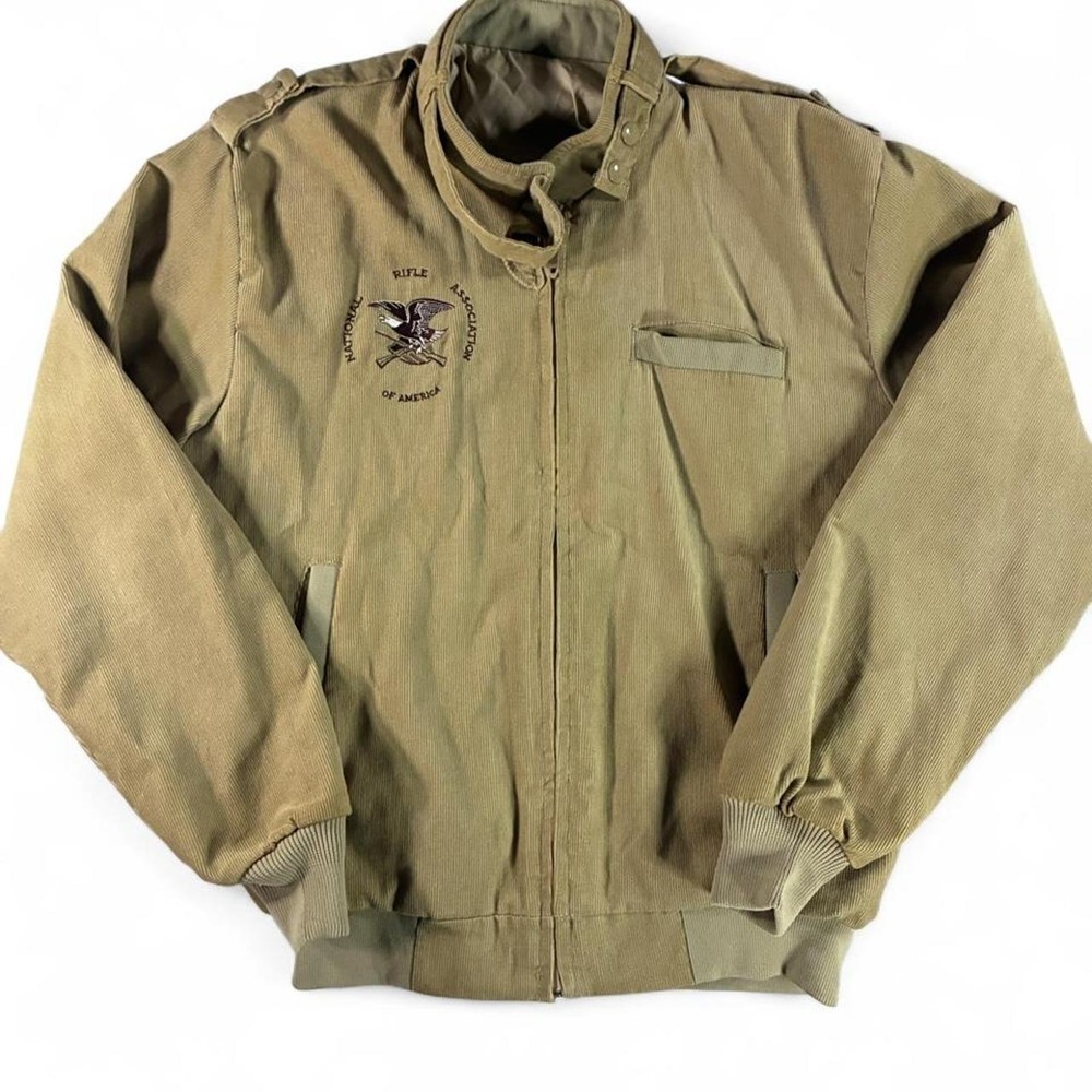 vintage tan corduroy bomber-style jacket. National Rifle Association Logo. Small